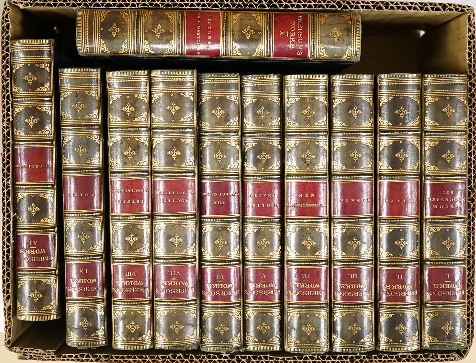 Emerson, Ralph Waldo - The Riverside Edition, (edited by J.E. Cabot), 11 vols. 2 photogravure portrait frontispieces; contemp. green half calf and cloth, gilt decorated panelled spines with red labels, marbled edges and